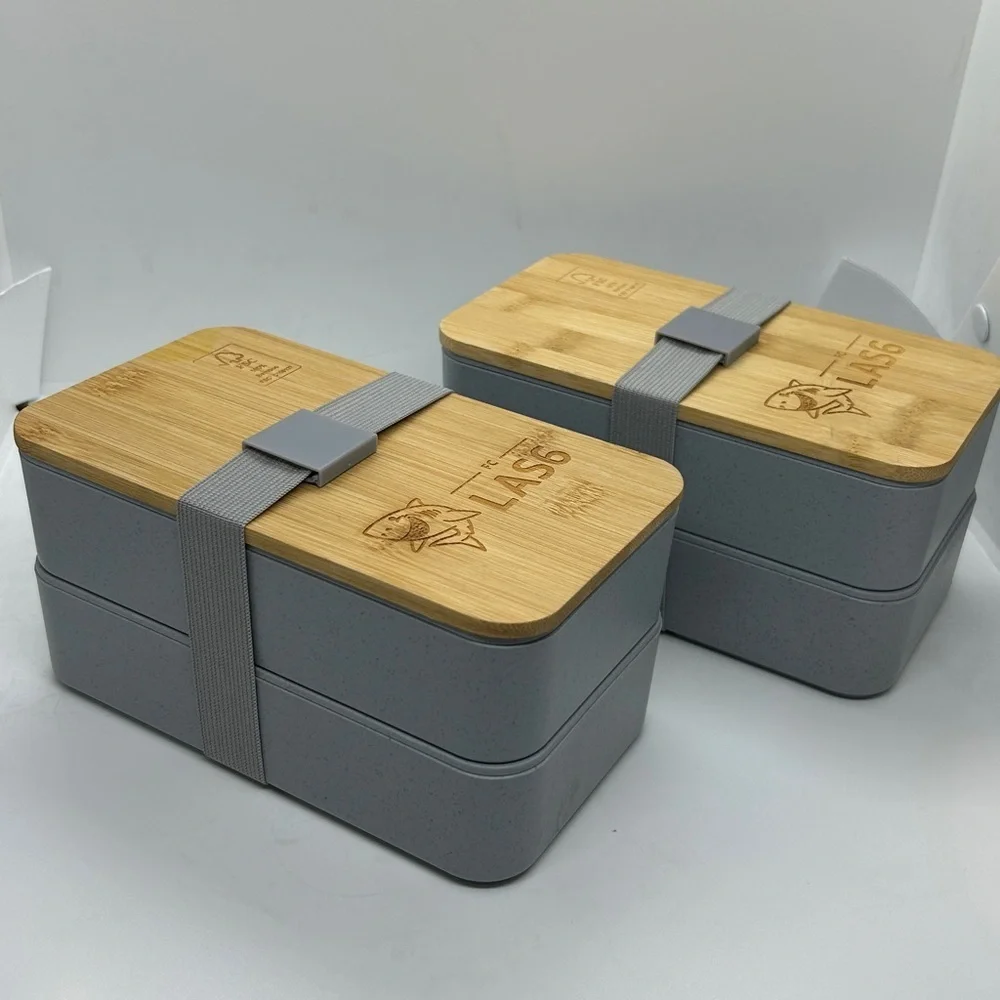 Bamboo and Gray Bento Japanese Wood Bento Lunch Boxes 2 Layer. Set of two